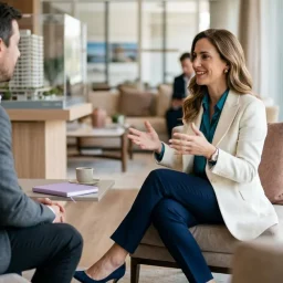 Dos profesionales dialogan en una entrevista ejecutiva dentro de un salón corporativo luminoso con ventanales.