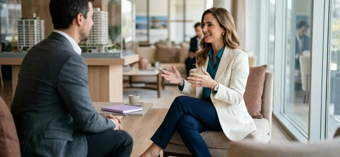 Dos profesionales dialogan en una entrevista ejecutiva dentro de un salón corporativo luminoso con ventanales.