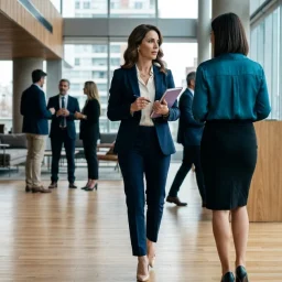 Líder ejecutiva con traje sastre azul y stilettos conversando en un salón corporativo iluminado por luz natural.