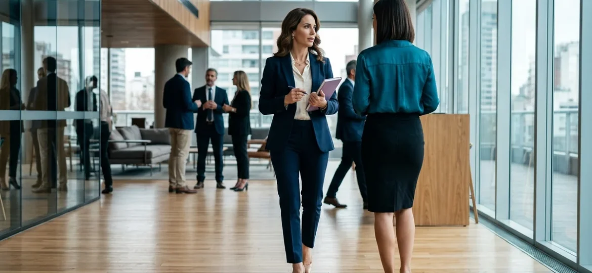 Líder ejecutiva con traje sastre azul y stilettos conversando en un salón corporativo iluminado por luz natural.