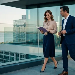 Profesionales conversando en un rooftop al atardecer con vista a la ciudad y al río durante una reunión de negocios.
