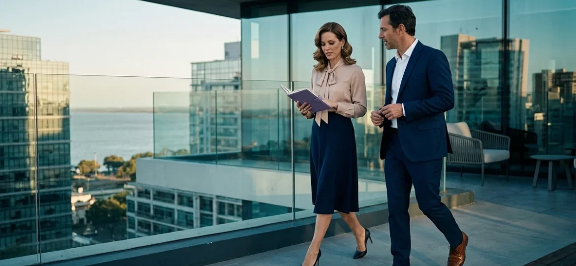 Profesionales conversando en un rooftop al atardecer con vista a la ciudad y al río durante una reunión de negocios.