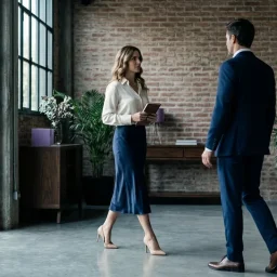 Ejecutiva con falda satinada azul marino y stilettos nude caminando en una moderna recepción de estilo industrial.