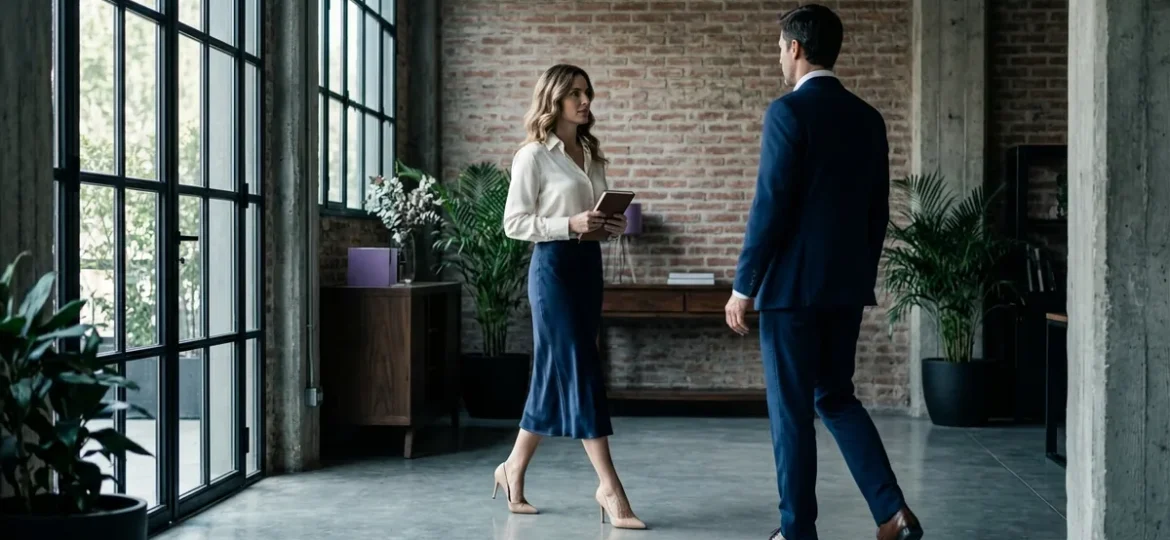 Ejecutiva con falda satinada azul marino y stilettos nude caminando en una moderna recepción de estilo industrial.