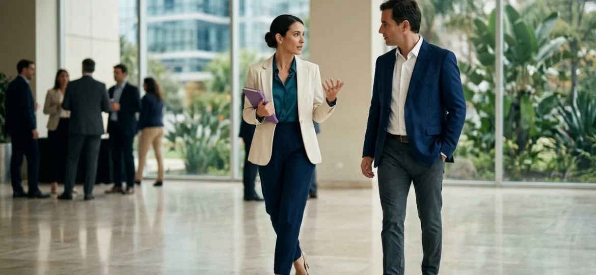 Profesionales caminando por el foyer de un congreso inmobiliario en plena conversación con elegante vestuario sastre.