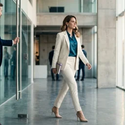 Profesionales elegantes caminando hacia una luminosa sala de capacitación para un encuentro inmobiliario.
