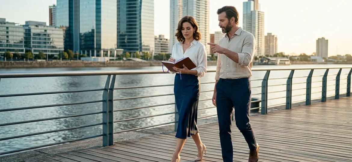 Profesionales caminando por un paseo costero frente a modernos edificios corporativos al atardecer.