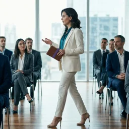 Conferencista con blazer marfil y stilettos explicando una estrategia empresarial de perfil en una sala luminosa.