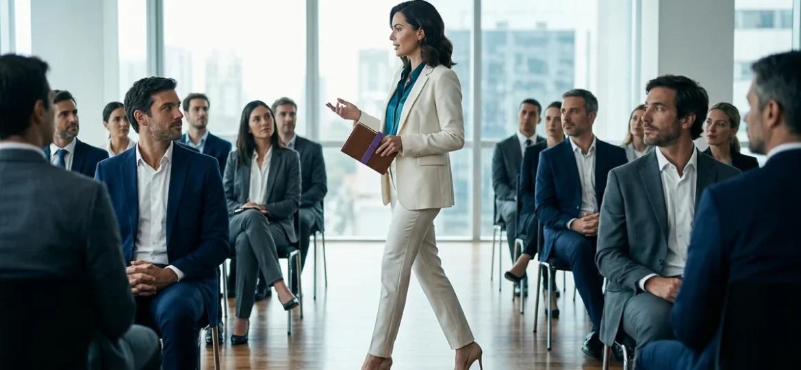 Conferencista con blazer marfil y stilettos explicando una estrategia empresarial de perfil en una sala luminosa.