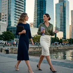 Dos ejecutivas elegantes caminan y conversan por un paseo ribereño moderno frente al skyline urbano al atardecer.