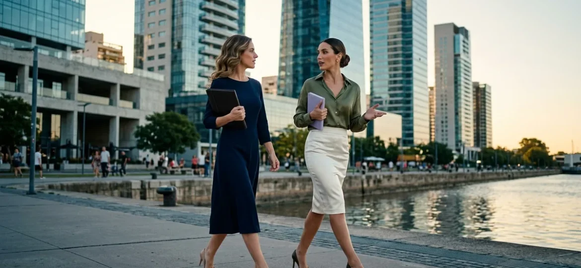 Dos ejecutivas elegantes caminan y conversan por un paseo ribereño moderno frente al skyline urbano al atardecer.