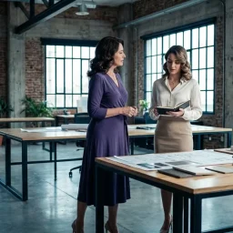 Dos profesionales dialogan elegantemente frente a una mesa con planos y muestras en una oficina industrial luminosa.