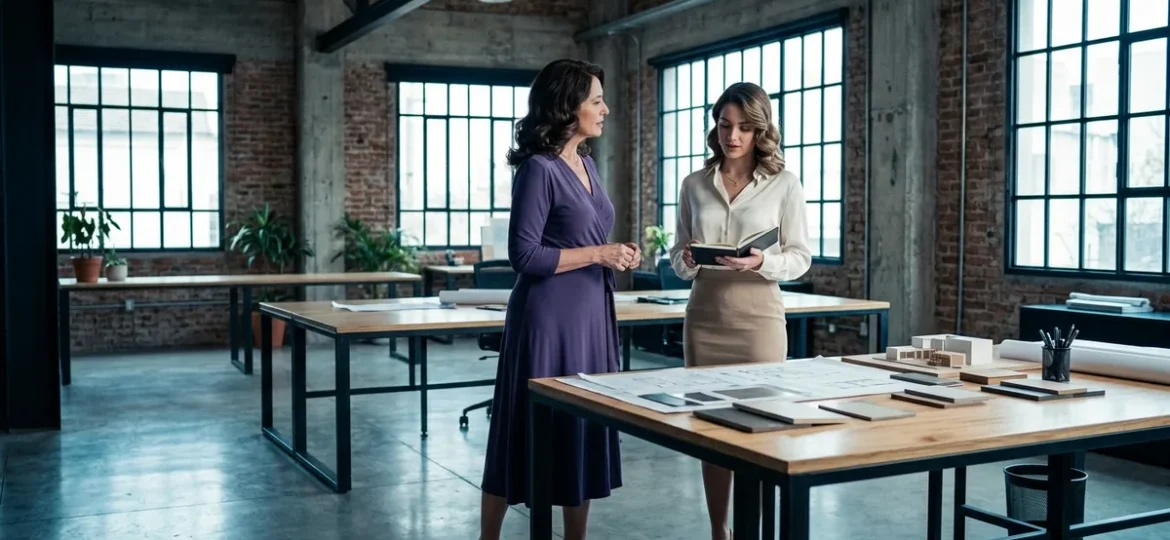 Dos profesionales dialogan elegantemente frente a una mesa con planos y muestras en una oficina industrial luminosa.
