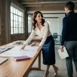 Profesionales inmobiliarios revisan planos y muestras de materiales en una mesa de trabajo en oficina industrial.