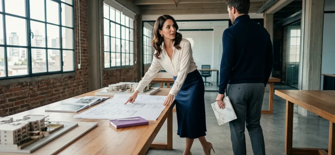 Profesionales inmobiliarios revisan planos y muestras de materiales en una mesa de trabajo en oficina industrial.