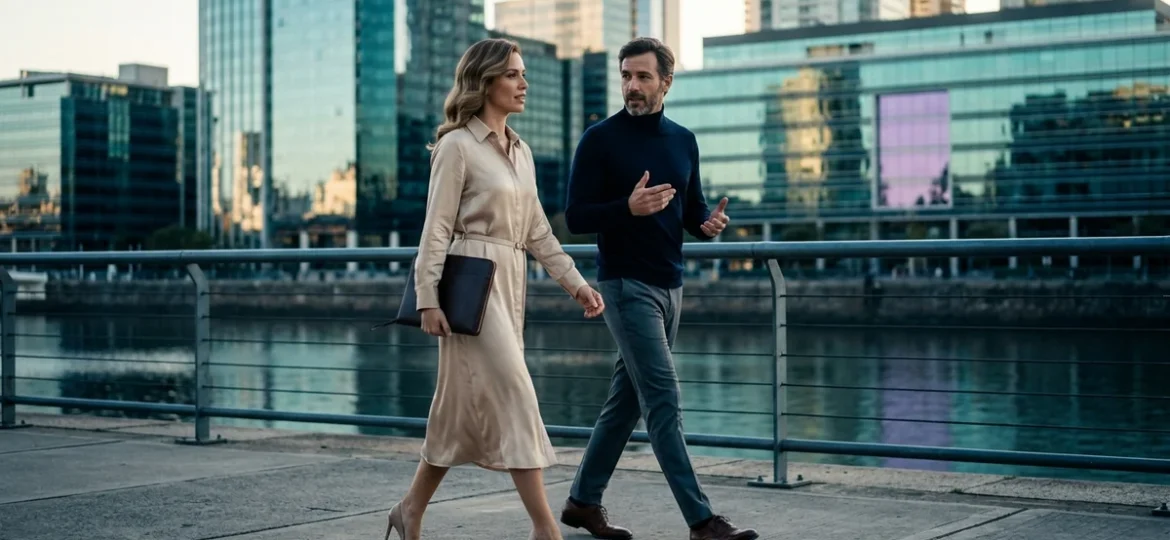 Estrategas de negocios caminando al atardecer por un paseo costero con edificios modernos al fondo.