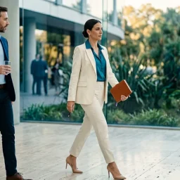 Ejecutiva de traje claro y stilettos caminando por el foyer vidriado de un congreso corporativo.