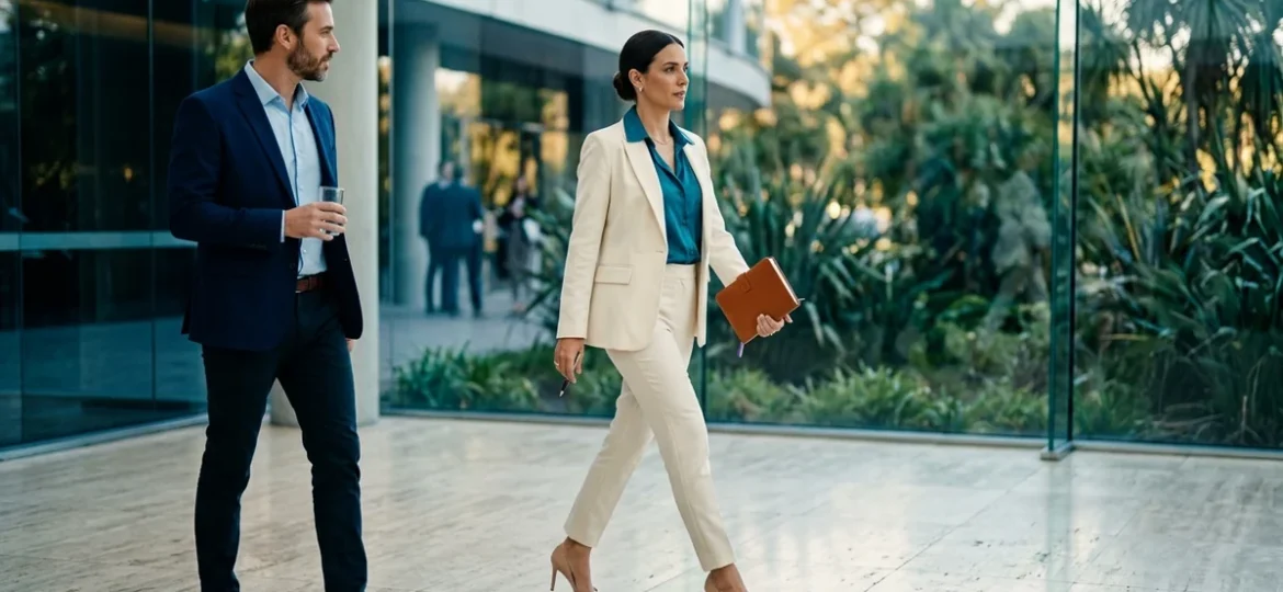 Ejecutiva de traje claro y stilettos caminando por el foyer vidriado de un congreso corporativo.