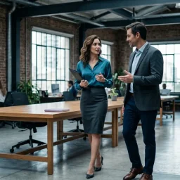 Dos profesionales conversan con calidez en una luminosa oficina industrial de techos altos y grandes ventanales.