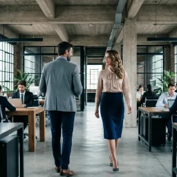 Ejecutiva caminando con elegancia por una oficina industrial luminosa junto a un colega en plena jornada laboral.