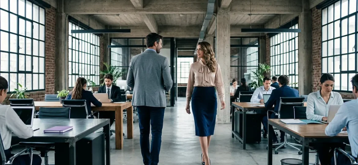 Ejecutiva caminando con elegancia por una oficina industrial luminosa junto a un colega en plena jornada laboral.
