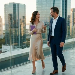 Profesionales conversando en la terraza de un edificio moderno frente al río durante el atardecer.