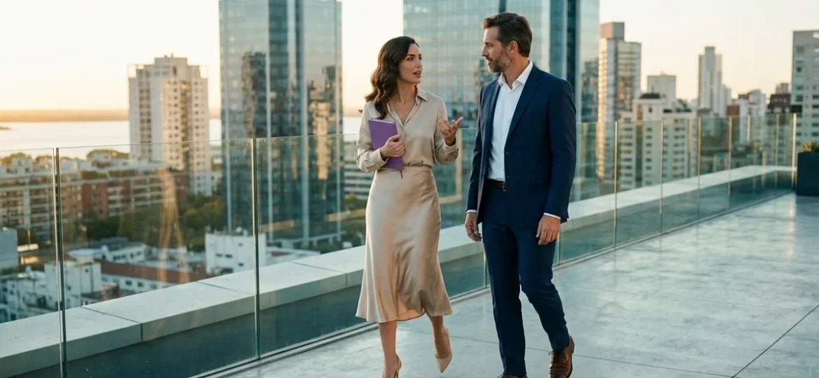 Profesionales conversando en la terraza de un edificio moderno frente al río durante el atardecer.