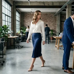 Profesionales inmobiliarios conversan dinámicamente en una oficina industrial moderna y luminosa.