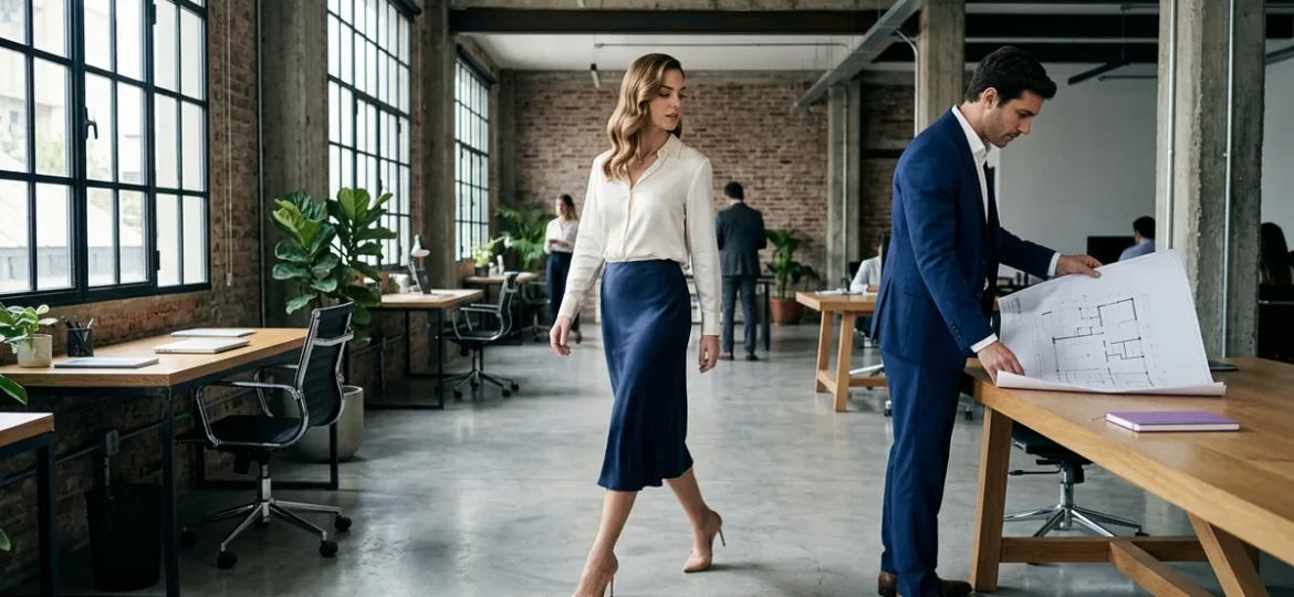 Profesionales inmobiliarios conversan dinámicamente en una oficina industrial moderna y luminosa.